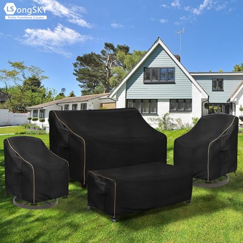 Patio Furniture Covers 4 Piece Set, 600D Heavy Duty Outdoor Furniture Covers Waterproof for Patio 3-Seater Sofa,Swivel Rocker Chair and Coffee Table Furniture Set,Black,XX-Large