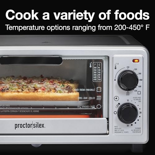 Proctor Silex 4 Slice Countertop Toaster Oven, Multi-Function with Bake, Toast and Broiler, 1100 Watts, 30 min timer and auto-shutoff, Includes Backing Pan and Rack, Black and Silver (31260)