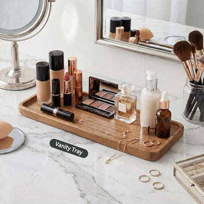WILLKOMMEN Small Wood Tray – Solid Acacia Serving Platter Vanity Tray, Mini Wooden Decorative Tray for Bathroom Counter, Toilet, Coffee Table, Kitchen, Jewelry & Perfume (Rectangle)