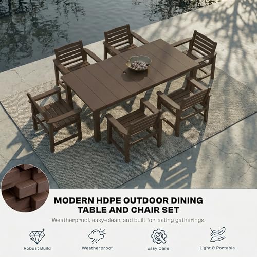 Patio Kingdom 9-Piece Outdoor Dining Set for 8, 75.2" HDPE Table with Umbrella Hole & 8 Chairs, All-Weather Patio Furniture for Lawn, Yard, Deck, or Poolside, Fade & Crack Resistant (Brown)
