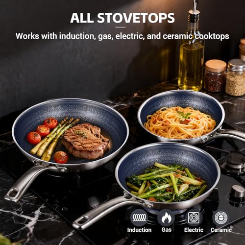 Ammeloo Hybrid Tri-Ply Stainless Steel Frying Pan Set, 8"/9.5"/11" Cooking Pans, Non Stick Frying Pans and Skillets, Chef Pan, Non Toxic, Dishwasher Safe, Induction Compatible, Blue Interior
