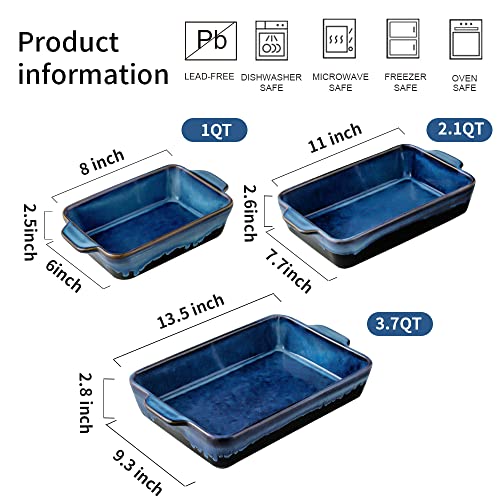 KOOV Bakeware Set, Ceramic Baking Dish, Rectangular Casserole Dish, Lasagna Pan, Baking Pans for Cooking, Cake Dinner, Kitchen, 9 x 13 Inches, Reactive Glaze 3-Piece (Nebula Blue)