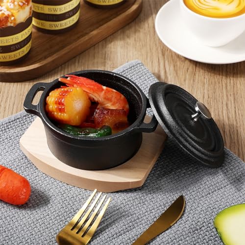 2 Sets Dutch Oven Pot with Lid and Wooden Base Pre Seasoned Cast Iron Casserole Mini Cast Iron Pot Round Cocotte with Handle Heavy Duty Cookware for Christmas Thanksgiving Party Gift Black(17 Oz)