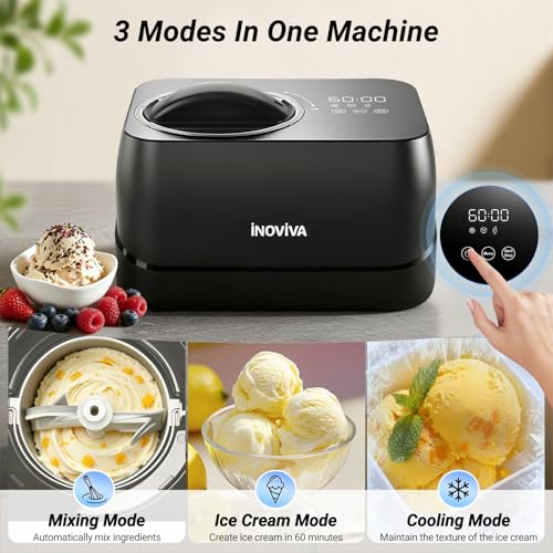 Inoviva Ice Cream Maker Automatic 1.7 Pt, No Pre-Freezing,Built-In Compressor, Digital Display & Timer,3 Presets, Makes ice cream, Gelato, Perfect for home & party, IM001