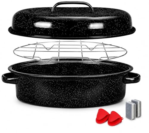 bajindan 16 Inch Enamel Roasting Pan with Lid & Rack, Oven & Dishwasher Safe Turkey Roaster, 932°F Heat Resistant, Includes Silicone Handles & Cleaning Sponges