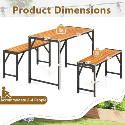 Tangkula 3-Pieces Patio Dining Set for 4 People, Outdoor Picnic Table & 2 Benches, 44" Acacia Wood Dining Table w/Metal Frame, Space-Saving Dinette Set for Garden Porch Poolside Yard Balcony