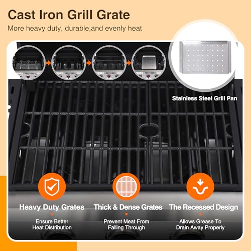 IdeaMaxx 3-Burner Propane Gas Grill with Cast Iron Grates, 38200 BTU output,Foldable Side Shelves for Portable Outdoor Patio Camping, Black (3 Burner)