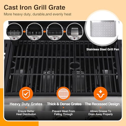 IdeaMaxx 3-Burner Propane Gas Grill with Cast Iron Grates, 38200 BTU output,Foldable Side Shelves for Portable Outdoor Patio Camping, Black (3 Burner)