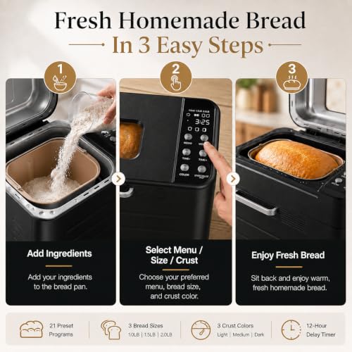 HealSmart 21 in 1 Bread Maker, 650W, 2 LB, 3 Loaf Sizes, Stainless Steel