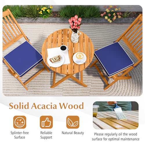 Tangkula 3 Pieces Acacia Wood Patio Folding Bistro Set, Outdoor Table and Chairs Set with Soft Cushions, Patio Furniture Set for Porch, Balcony, Garden, Deck and Backyard