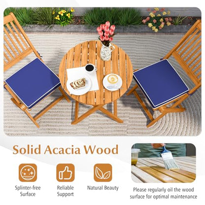 Tangkula 3 Pieces Acacia Wood Patio Folding Bistro Set, Outdoor Table and Chairs Set with Soft Cushions, Patio Furniture Set for Porch, Balcony, Garden, Deck and Backyard