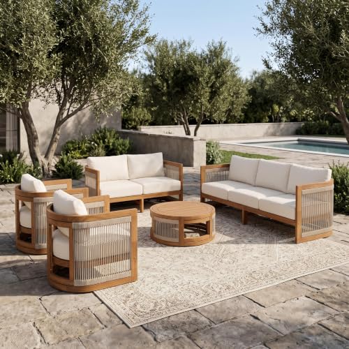 Christopher Knight Home Nylan 7-Seater Patio Furniture Set with Removable Cushion, 5 Piece Outdoor Acacia Wood Conversation Set, Solid Wood Outdoor Sectional Sofa Set with Coffee Table, Teak+Beige