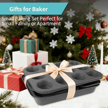 Barlket Baking Pans Set, 5 Piece Grey Marble Nonstick Bakeware with 100 Cupcake Liners – Stackable Carbon Steel Set for Small Kitchens, Apartments, Home Baking and Gifts