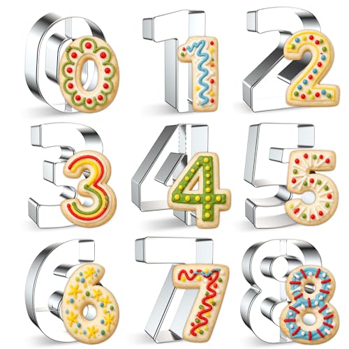 FUSOTO 9PCS Number Cookie Cutters Set, Birthday Numbers 0-8(6 Reverses to 9), Stainless Steel Cookie Cutters for Baking, Number Shaped Baking Tool for Homemaking Biscuits, Cookie, Dough