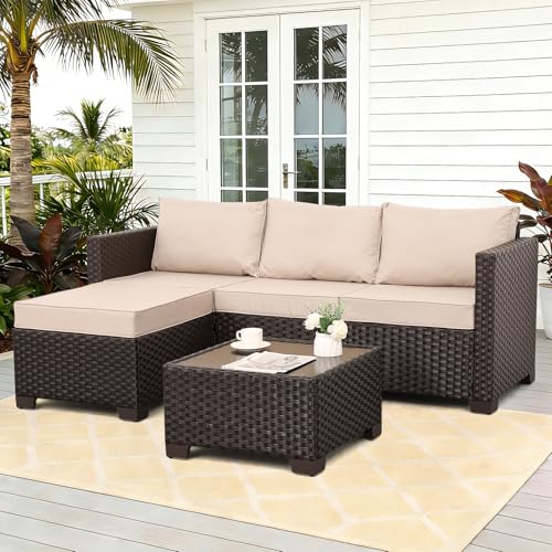 Rattan Star Patio Furniture Set 3 Piece Outdoor Sectional Sofa Set with Wicker Couch, Ottoman, Patio Table All-Weather Non-Slip Cushions and Waterproof Covers, Khaki