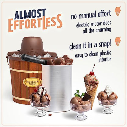 Nostalgia Electric Ice Cream Maker - Old Fashioned Soft Serve Ice Cream Machine Makes Frozen Yogurt or Gelato in Minutes - Fun Kitchen Appliance - Vintage Wooden Style - Dark Wood - 4 Quart