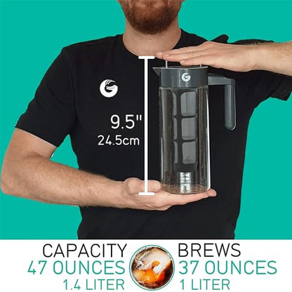 Coffee Gator Cold Brew Coffee Maker - 47 oz Iced Tea and Iced Coffee Maker and Pitcher with Borosilicate Glass Carafe, Filter - Black