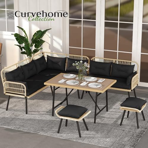 YITAHOME L-Shaped Rattan Patio Furniture Set Light Brown & Black