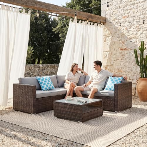 HOMEZILLIONS 6 Piece Outdoor Patio Furniture Sets, Modular Wicker Sectional Patio Furniture with Tempered Glass Coffee Table, Outdoor Sectional Sofa Set for Backyard, Poolside, Deck