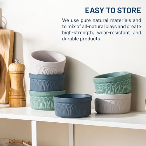 DAFUCERAMIC Ramekins 8 Oz Oven Safe, Ceramic Creme Brulee Souffle Dishes, Pudding Custard Cups Ramekin For Baking, Small Dipping Sauce Bowls, Set of 6, Microwave and Dishwasher Safe (Assorted Neutrals)