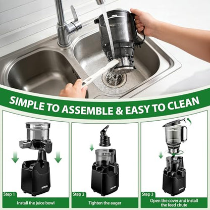 SUSTEAS Juicer Machines with 5.3" Extra Wide Chute, Cold Press Juicer for Whole Fruits & Vegetables, 64oz Large Capacity Juice Extractor, Easy to Clean, High Juice Yield, Home Juicer, Premium Black