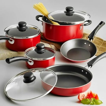 TNLOJI 9-Piece Non-Stick Cookware Set - Red Kitchen Pots and Pans Set with Glass Lids, Stay-Cool Handles, for Gas, Electric & Induction Stovetops