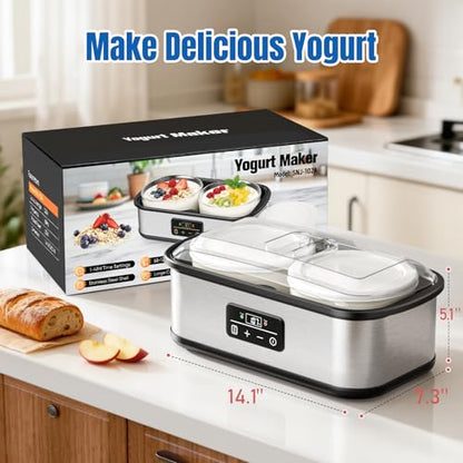 Adjustable Temp & Time Yogurt Maker with Auto Shut-Off, Constant Fermentation, with Two 925ml Glass Bowls for Homemade Probiotic Yogurt