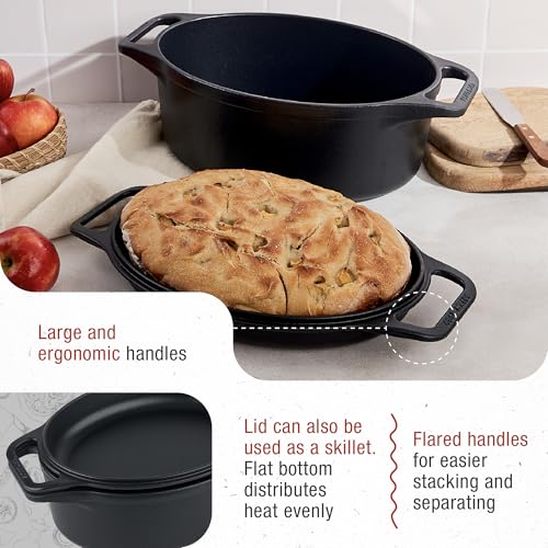 Victoria 6-Quart Cast Iron Oval Dutch Oven, Combination Combo Cooker Pot and Skillet, Bread Baker, Made in Colombia, 2-Piece Set