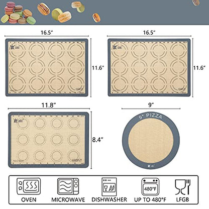 GUANCI Silicone Baking Mat Set of 4, 2 Medium 16.5"x11.6", 1 Small 11.8"x8.4", 1 Piece 9" Round, All Mats 0.7mm Thick, Food Grade Non-Stick Reusable Baking Mats for Pizza, Bread, Pastry, Macarons