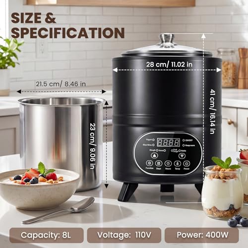 NEWTRY 8L/8.45qt Yogurt Maker, 110V Commercial Yogurt Maker Machine with Time and Temperature Control, Large Capacity Stainless Steel Inner Pot, for Dough Proofing, Rice Wine, Fruit Vinegar