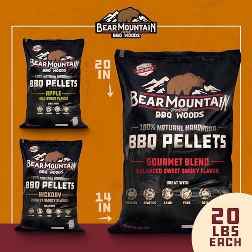 Bear Mountain 3-Pack Wood Pellets for Smoker, Grill & BBQ, 20 Lb, Apple, Hickory & Gourmet - Premium Hardwood Barbecue Pellets for Indoor and Outdoor Grilling