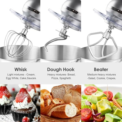 Aucma Stand Mixer,6.5-QT 660W 6-Speed Tilt-Head Food Mixer, Kitchen Electric Mixer with Dough Hook, Wire Whip & Beater (Silver, 6.5QT)