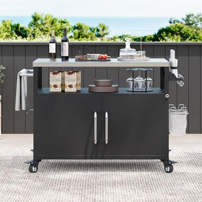 54.5" Outdoor Kitchen Island with Stainless Steel Tabletop, Metal Grill Cart Table with Storage Cabinet, Spice Rack and Towel Rack, Outdoor Bar Cart with 4 Lockable Wheels for Outside BBQ (Black@79)