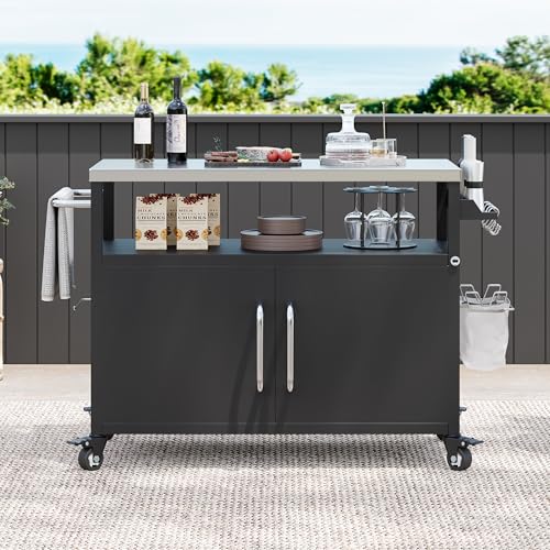 54.5" Outdoor Kitchen Island with Stainless Steel Tabletop, Metal Grill Cart Table with Storage Cabinet, Spice Rack and Towel Rack, Outdoor Bar Cart with 4 Lockable Wheels for Outside BBQ (Black@79)
