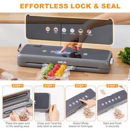 Mieja Food Vacuum Sealer Machine, 5-in-1 Dry & Moist Modes Automatic One-Touch Sealer with Built-in Cutter, External Hose for Jars, 20 BPA-Free Bags, Compact for Sous Vide, Meal Prep & Freezer Storage