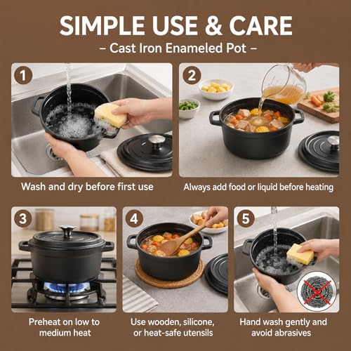 VIVIDCOOKWARE Enameled Cast Iron Dutch Oven with Lid, 3.3 QT Round Dutch Oven Pot, Matte Black Small Dutch Oven for Soup, Stew, Braising & Baking, Oven Safe to 500°F, Works on Induction, Gas & Electric