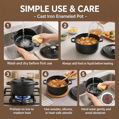 VIVIDCOOKWARE Enameled Cast Iron Dutch Oven with Lid, 3.3 QT Round Dutch Oven Pot, Matte Black Small Dutch Oven for Soup, Stew, Braising & Baking, Oven Safe to 500°F, Works on Induction, Gas & Electric