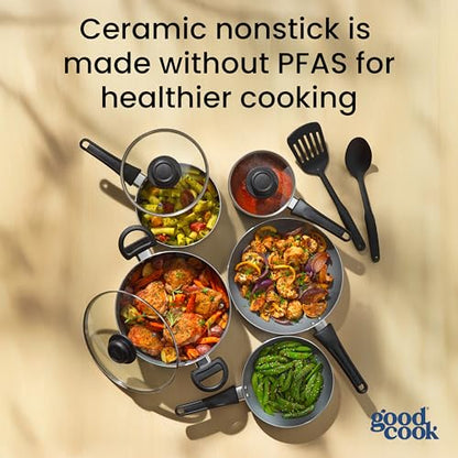 GoodCook Everyday Ceramic Nonstick Cookware Set Includes 8 & 10-Inch Fry Pans 1 & 2-Quart Covered Sauce Pans 4.7-Quart Covered Dutch Oven Turner and Basting Spoon, 10-Piece, Black