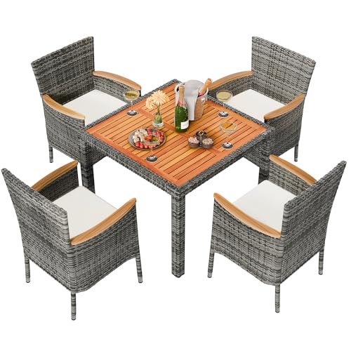 Shintenchi 5 Piece Patio Dining Set, Wicker Patio Conversation Set with Wooden Table Top, Outdoor Table and Chairs with Soft Cushions for Backyard, Deck and Garden, Grey Wicker
