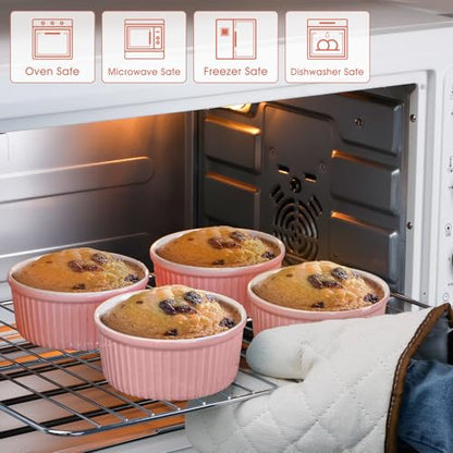 NUTRIUPS Pink Ramekins 14oz Oven Safe Set of 4, Porcelain Pudding Cups for Creme Brulee Souffle, Ceramic Ramekins Set for Baking