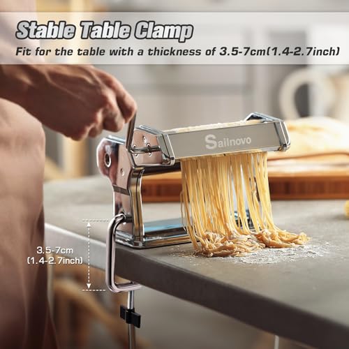 Sailnovo 3 in 1 Pasta Maker Machine - 9 Adjustable Thickness Settings Aluminum Alloy Pasta Roller & 2 Width Cutters for Fresh Spaghetti, Fettuccini, Lasagna, Dumplings - Stainless Steel, Silver