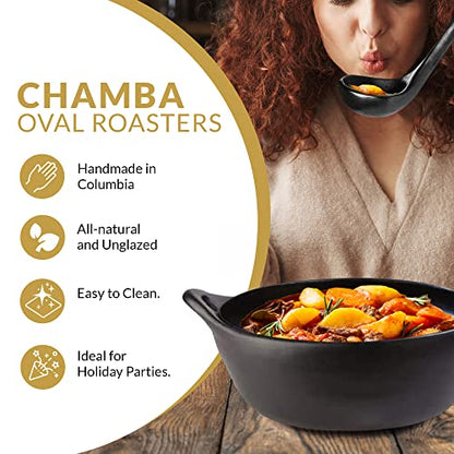 Authentic Chamba Oval Roaster w/Cover - Elegant, All-Natural Black Clay Dutch Oven for Braising, Baking, Roasting - Stovetop & Oven Safe – Earthenware, Handmade in Colombia – V. Large, 10 Qt.