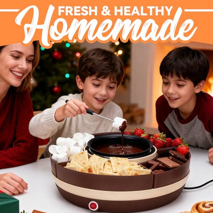 JoyMech Cheese & Chocolate Fondue Machine, Candy Melting Pot for Party, Electric Fondue Pot Set, Chocolate Warmer, Hot Chocolate Maker, 4-Section Food Tray, Brown