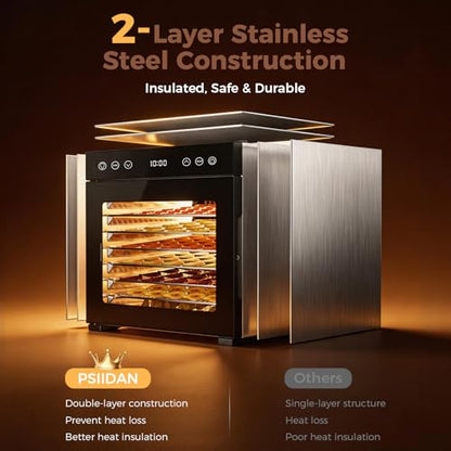 Food Dehydrator machine, 8-Tray Stainless Steel Food Dryer with Timer & Temp Controls, Even-Drying and Auto Shut-off, Quiet Dehydrator Machine for Jerky, Fruit, Herbs, Dog Treats, 650W Powerful