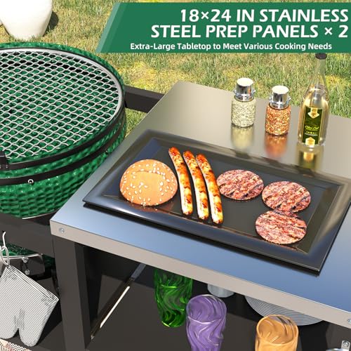 JFHID Outdoor Grill Table for Big Green Egg, Stainless Steel Grill Cart with Cabinet & Shelves, Heavy Duty 920LBS Outdoor Kitchen Island, Compatible with Large Big Green Egg, Kamado Joe Classic