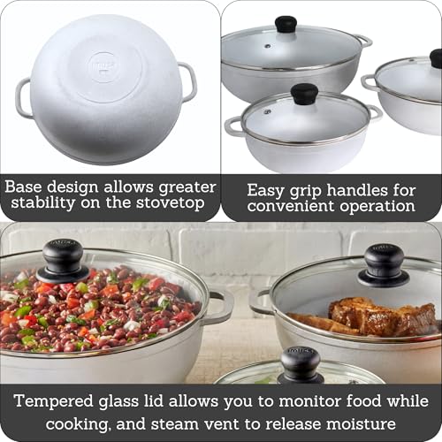 IMUSA Caldero Stock Pot with Glass Lid 3pc Set, 1.5/2.5/5.2qt, Cast Aluminum, Perfect for Serving Medium & Small Groups, Riveted Handles, Made in Colombia, Silver.