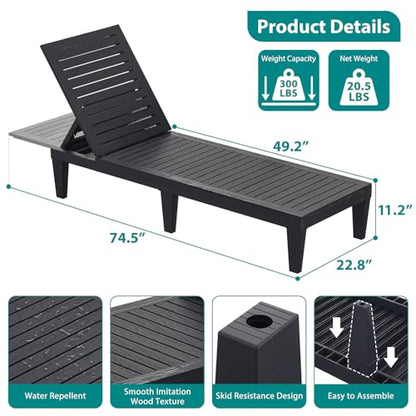 Hoiplu Outdoor Lounge Chairs Set of 2 for Poolside Patio, Weather-Resistant Pool Chaise Lounge with Adjustable Backrest, Resin Tanning Chair Sun Lounger for Outside Deck, Beach, Sunbathing, Black