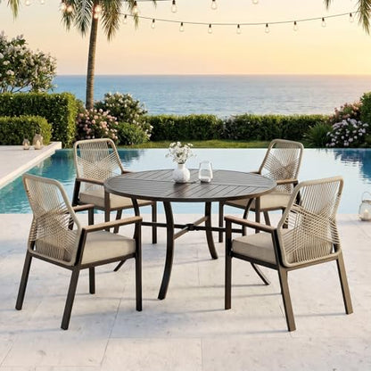 5 Pieces Patio Dining Set, 4 x Woven Rattan Chairs with Waterproof Cushion, 42” Metal Round Dining Table with Umbrella Hole, Outdoor Table and Chairs Set for Backyard Lawn and Deck, Beige