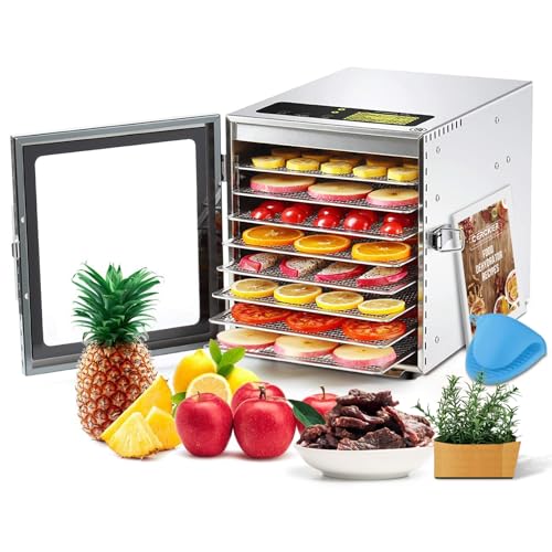 Cercker Food-Dehydrator Machine 8 Stainless Steel Trays, 500W Jerky Dehydrator for Meat, 190ºF Mushroom Dryer, 24H Timer Fruits Dryer for Herbs, Veggies, Yogurt & Dog Treats