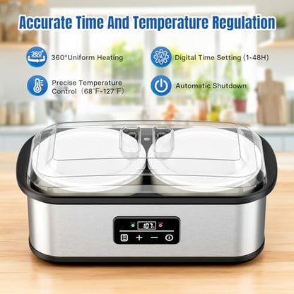 Yogurt Maker with Two 1 Quart Glass Bowls, Yogurt Maker Machine with Precise Temp Control (68-127℉) & 48H Timer, Auto Shut-Off, BPA-Free, for Homemade Probiotic Yogurt & Gut Health